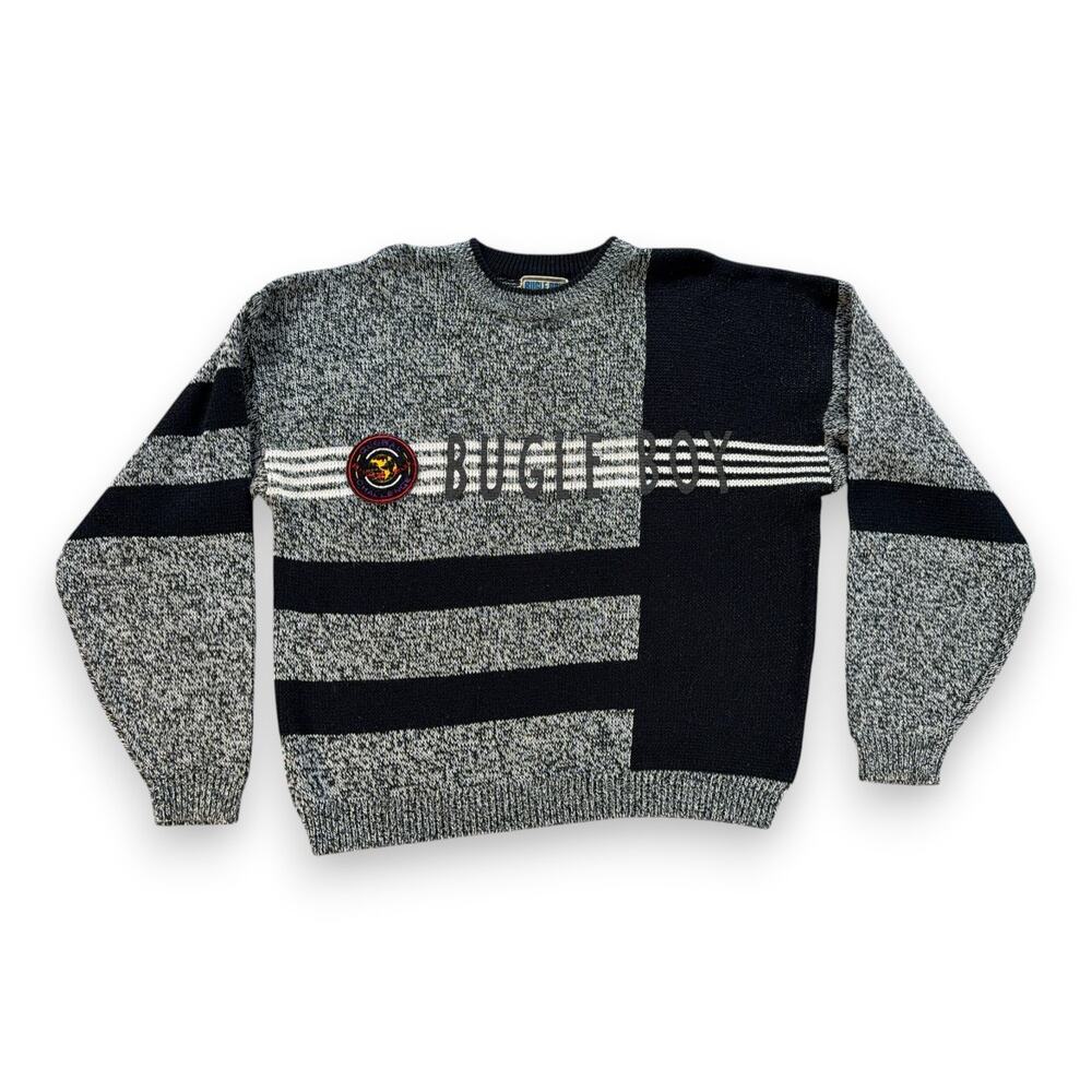 Vintage Bugle Boy Sweater Adult EXTRA LARGE Black White Colorblock Patch 90s